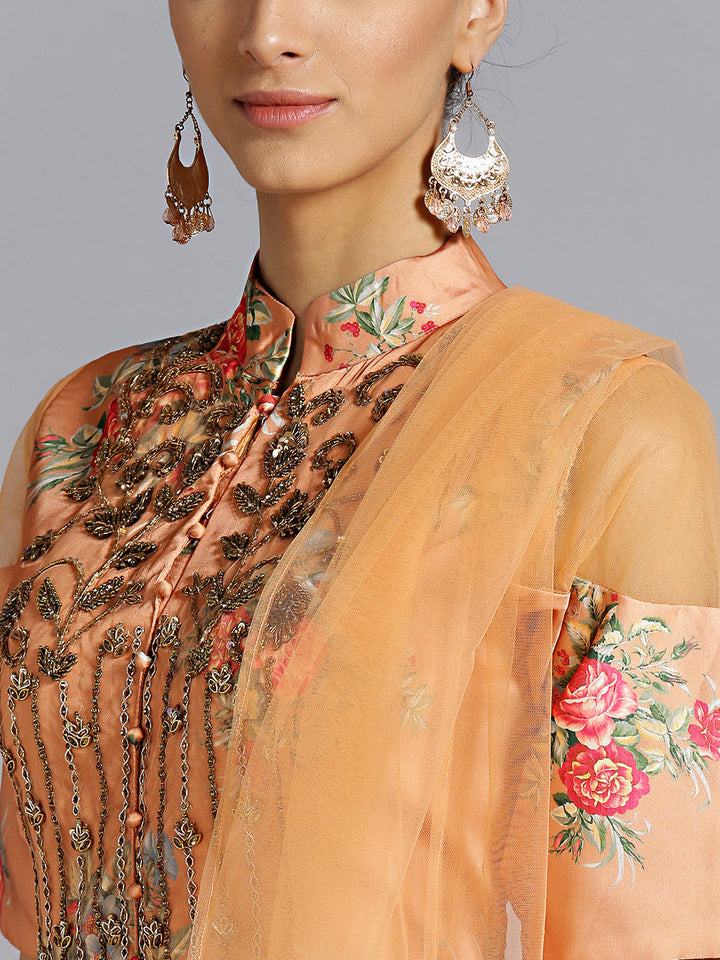 Floral Print Gown with Embellished Neckline
