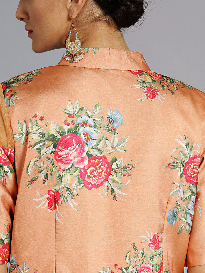 Floral Print Gown with Embellished Neckline