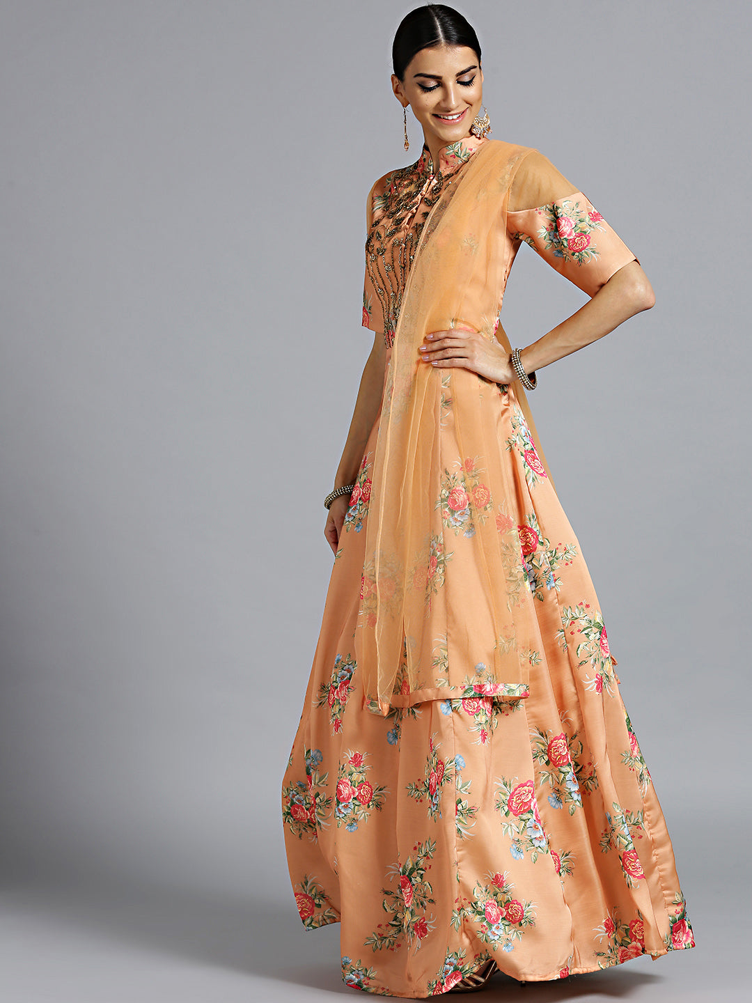 Floral Print Gown with Embellished Neckline