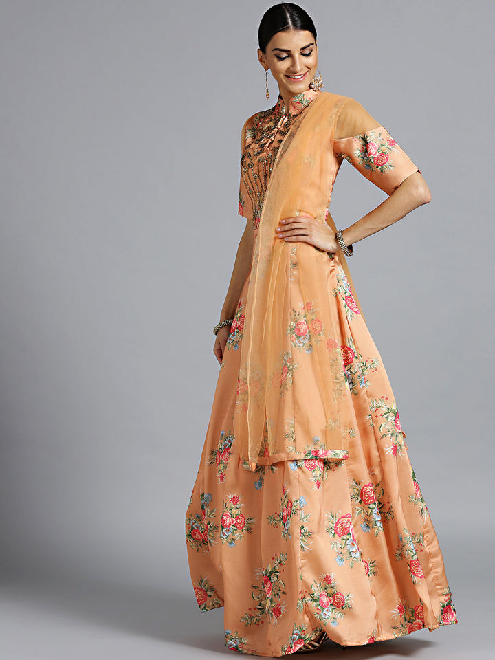 Floral Print Gown with Embellished Neckline