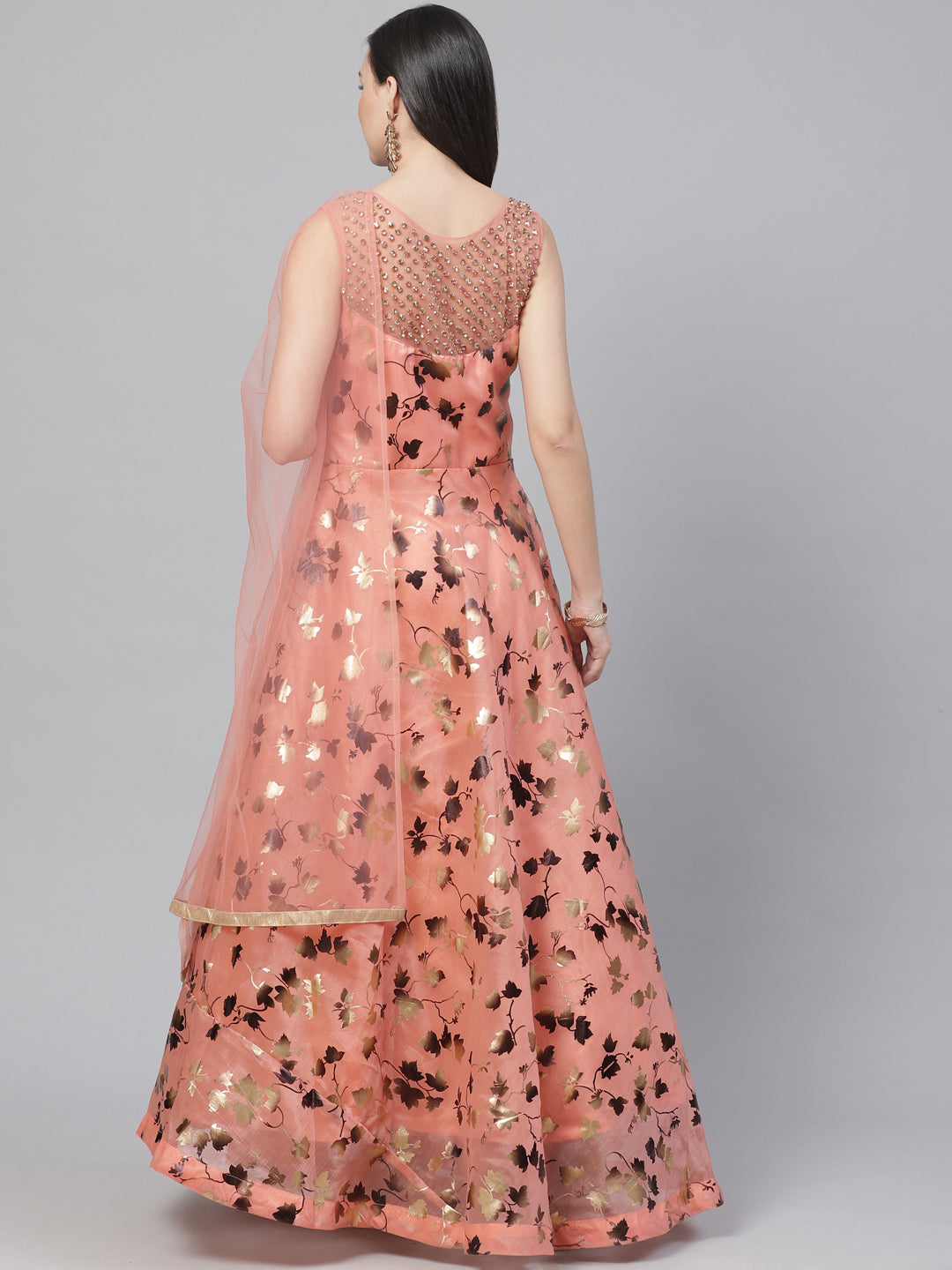 Made to Measure Embellished Cocktail Pastel Organza Gown with Floral Foil Print