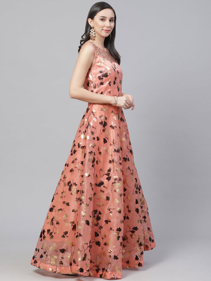 Made to Measure Embellished Cocktail Pastel Organza Gown with Floral Foil Print