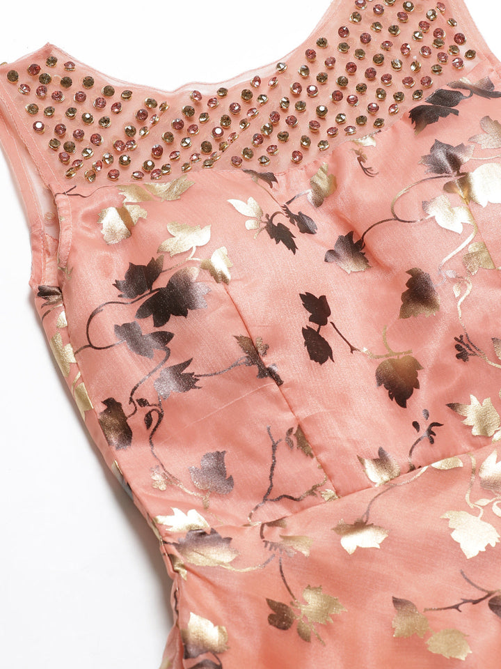 Made to Measure Embellished Cocktail Pastel Organza Gown with Floral Foil Print
