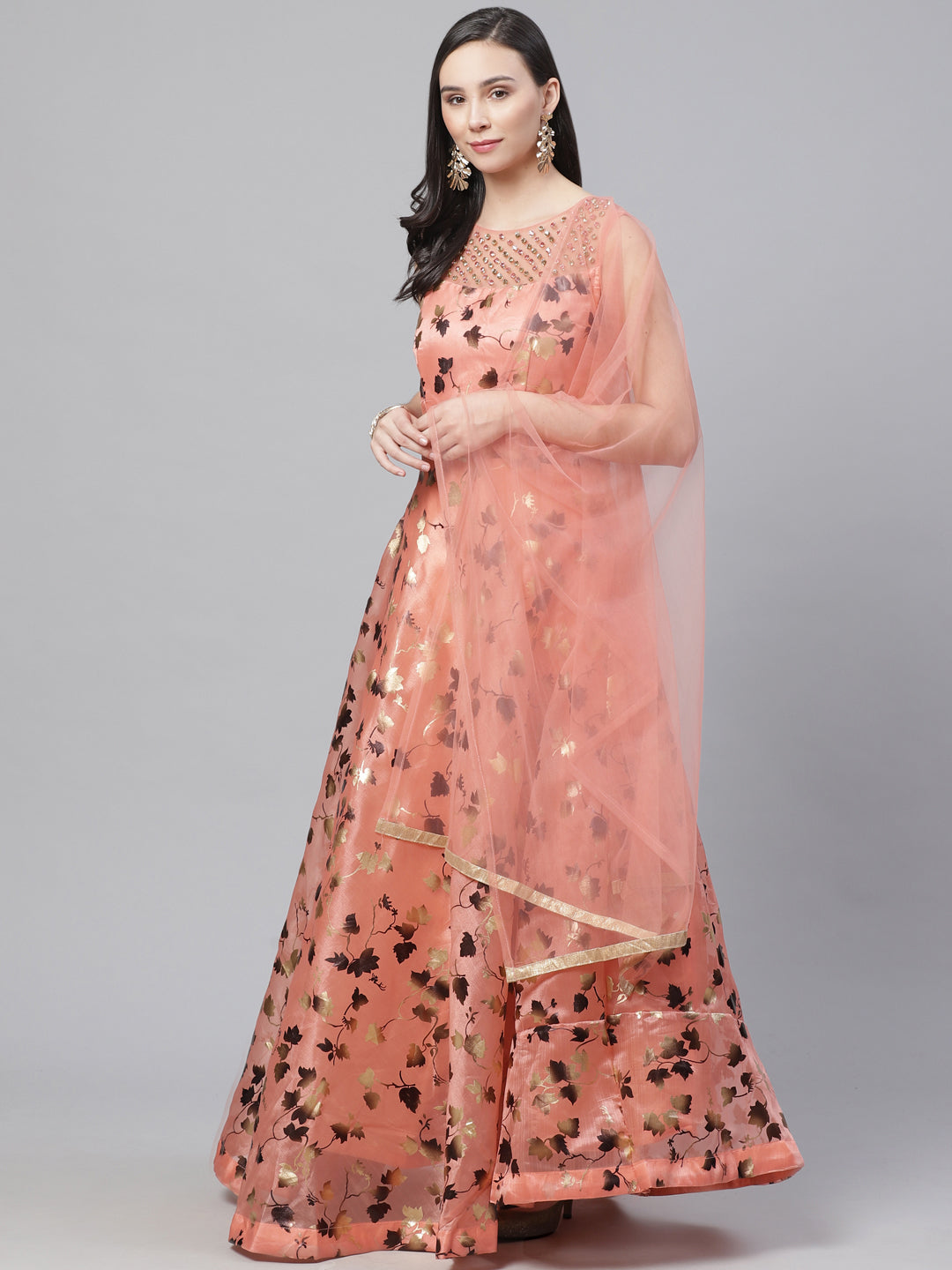 Made to Measure Embellished Cocktail Pastel Organza Gown with Floral Foil Print