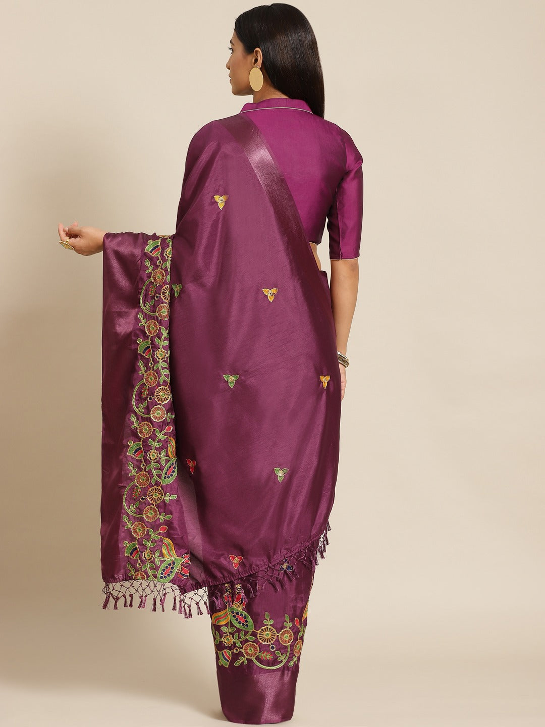 Burgundy Silk Multicolor  Embroidered Peacock Motifs Traditional Saree