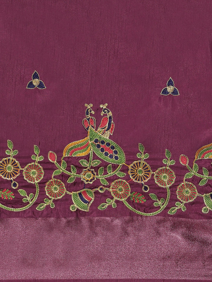 Burgundy Silk Multicolor  Embroidered Peacock Motifs Traditional Saree