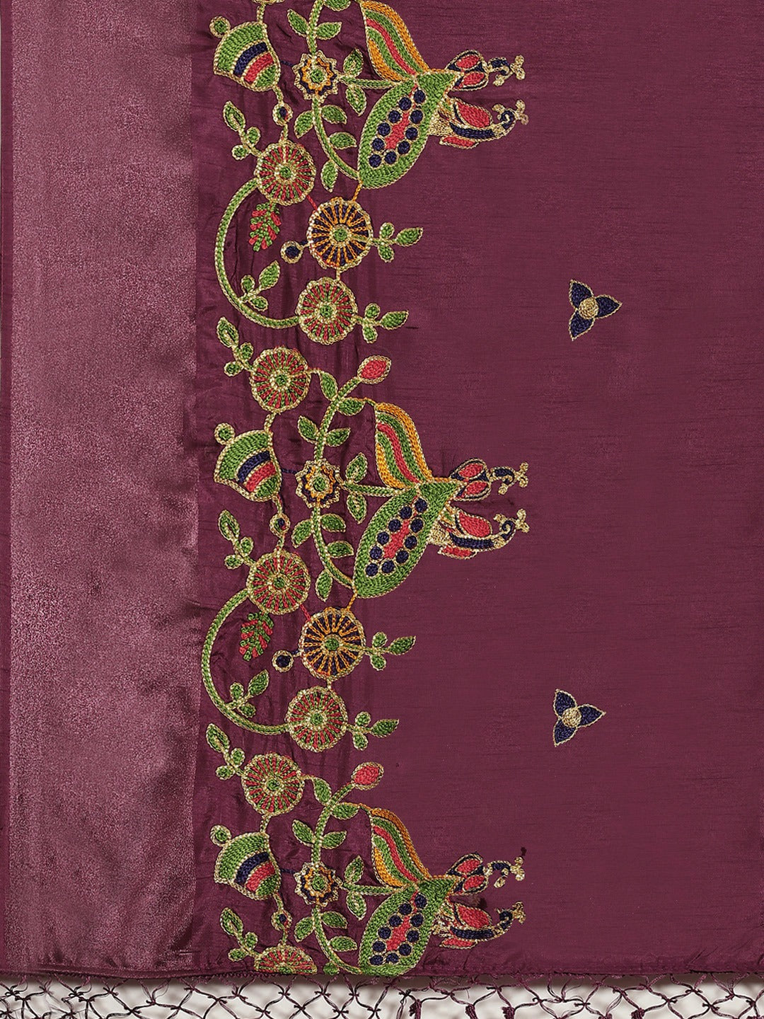 Burgundy Silk Multicolor  Embroidered Peacock Motifs Traditional Saree