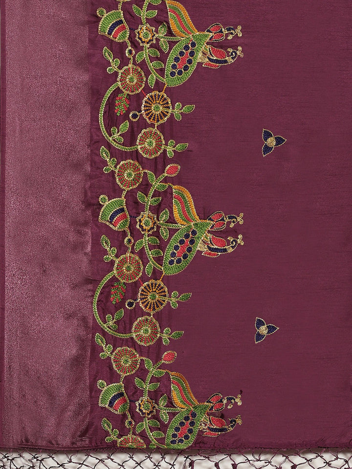 Burgundy Silk Multicolor  Embroidered Peacock Motifs Traditional Saree