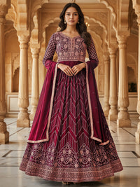 Georgette Flared Anarakali Gown with Zari Embroidered Floral & Striped Patterns