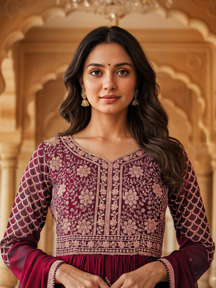 Georgette Flared Anarakali Gown with Zari Embroidered Floral & Striped Patterns