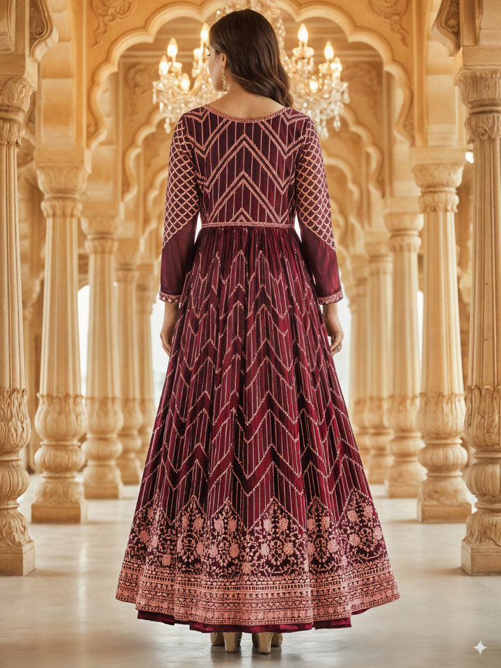 Georgette Flared Anarakali Gown with Zari Embroidered Floral & Striped Patterns