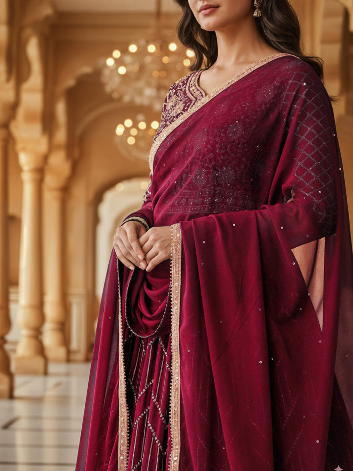 Georgette Flared Anarakali Gown with Zari Embroidered Floral & Striped Patterns