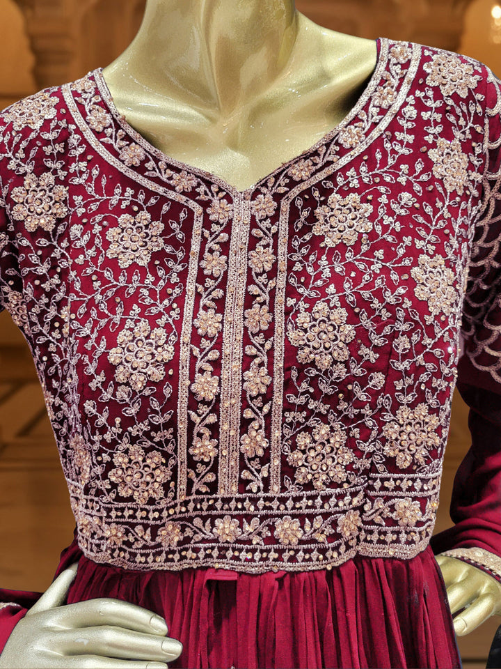 Georgette Flared Anarakali Gown with Zari Embroidered Floral & Striped Patterns