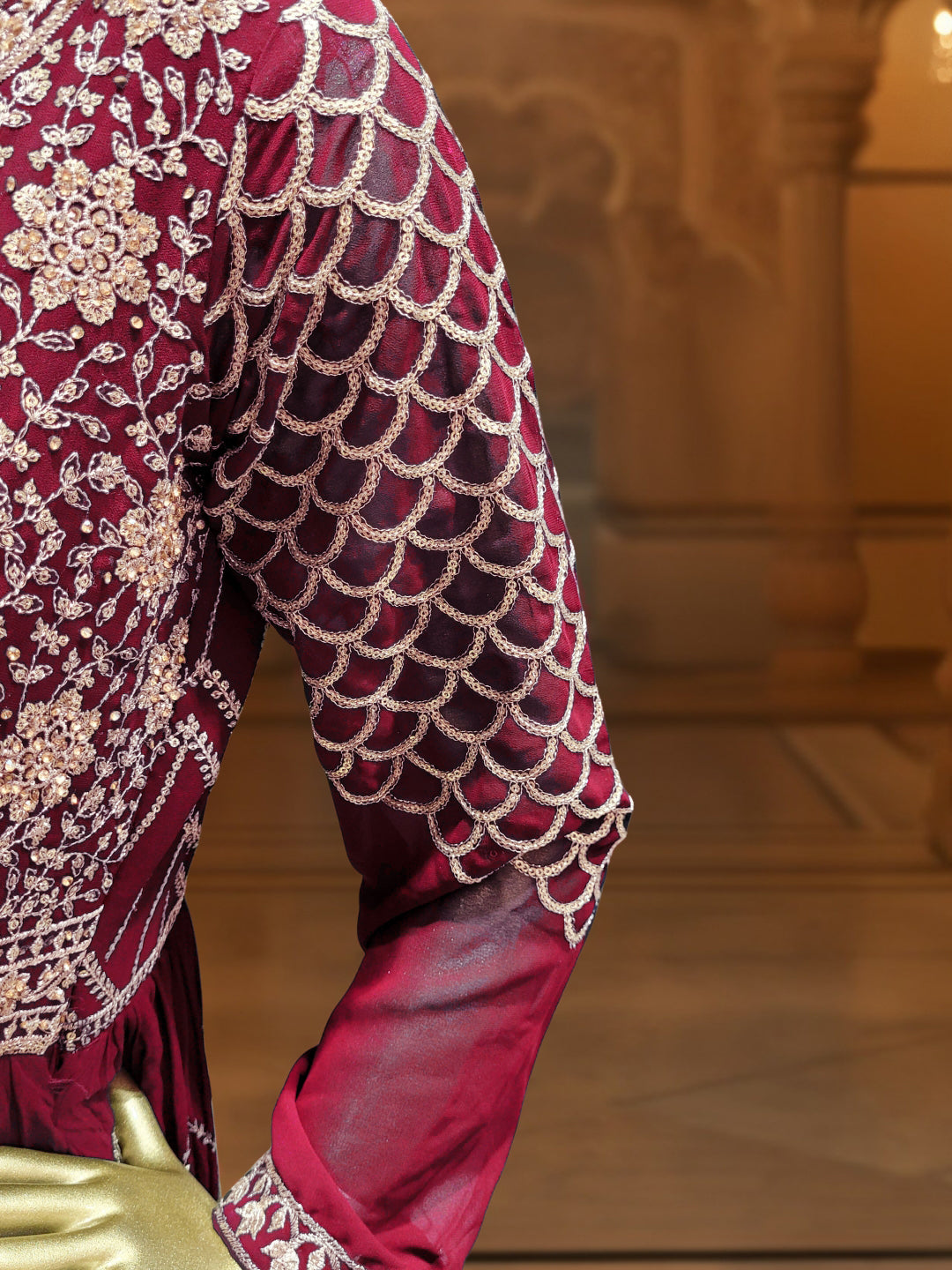 Georgette Flared Anarakali Gown with Zari Embroidered Floral & Striped Patterns