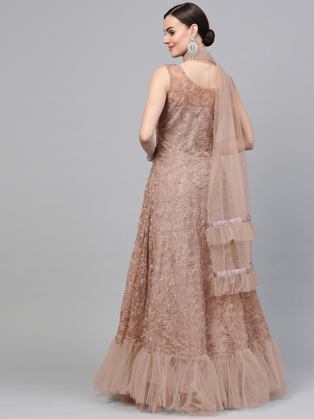 Anarkali Cocktail Gown with Resham embroidery, pearl embellishments and Ruffled dupatta