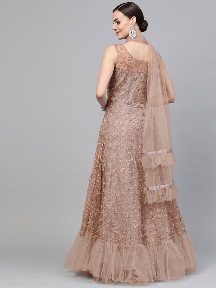 Anarkali Cocktail Gown with Resham embroidery, pearl embellishments and Ruffled dupatta