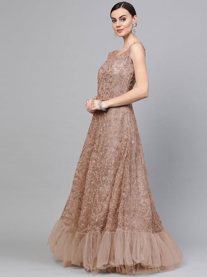 Anarkali Cocktail Gown with Resham embroidery, pearl embellishments and Ruffled dupatta
