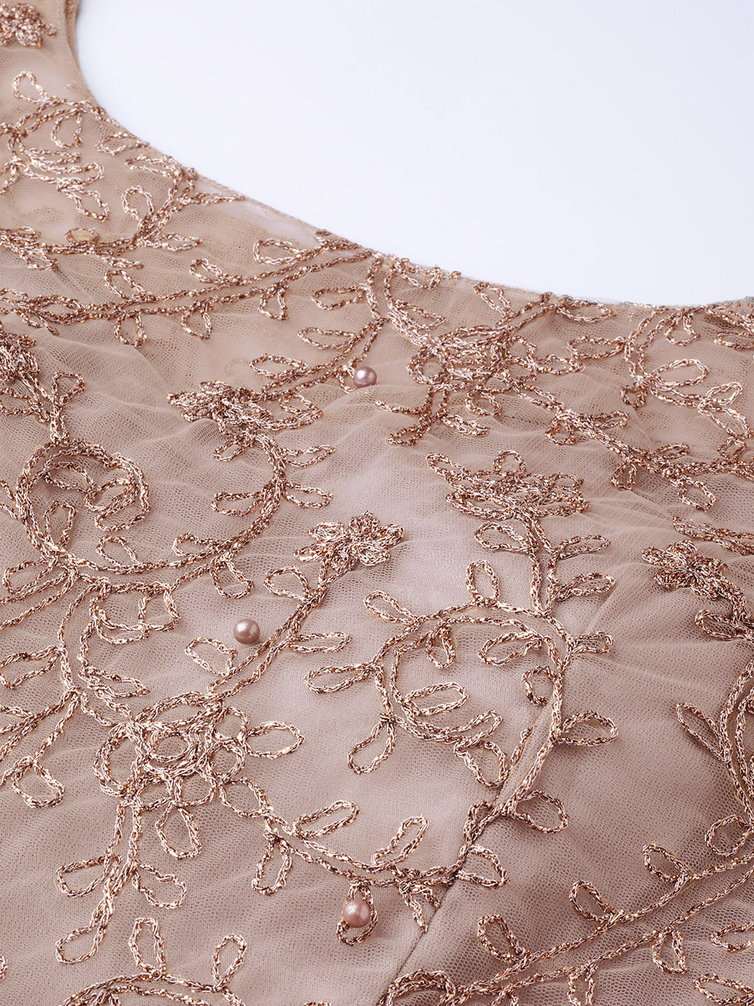 Anarkali Cocktail Gown with Resham embroidery, pearl embellishments and Ruffled dupatta