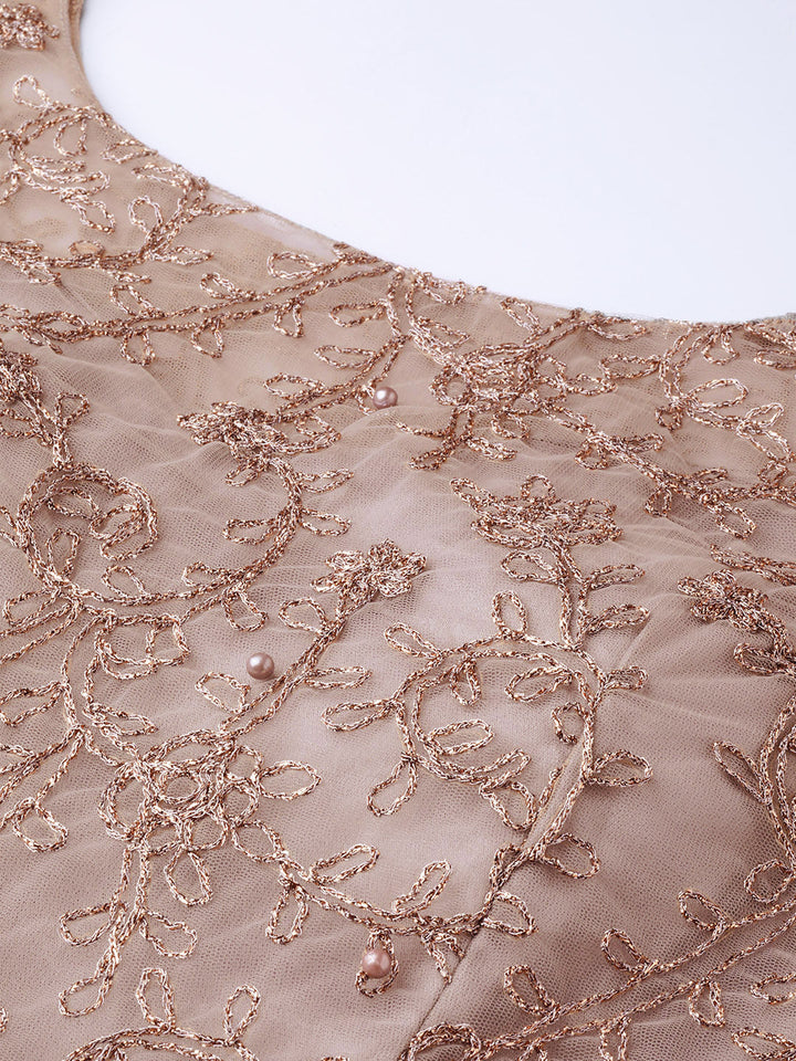 Anarkali Cocktail Gown with Resham embroidery, pearl embellishments and Ruffled dupatta