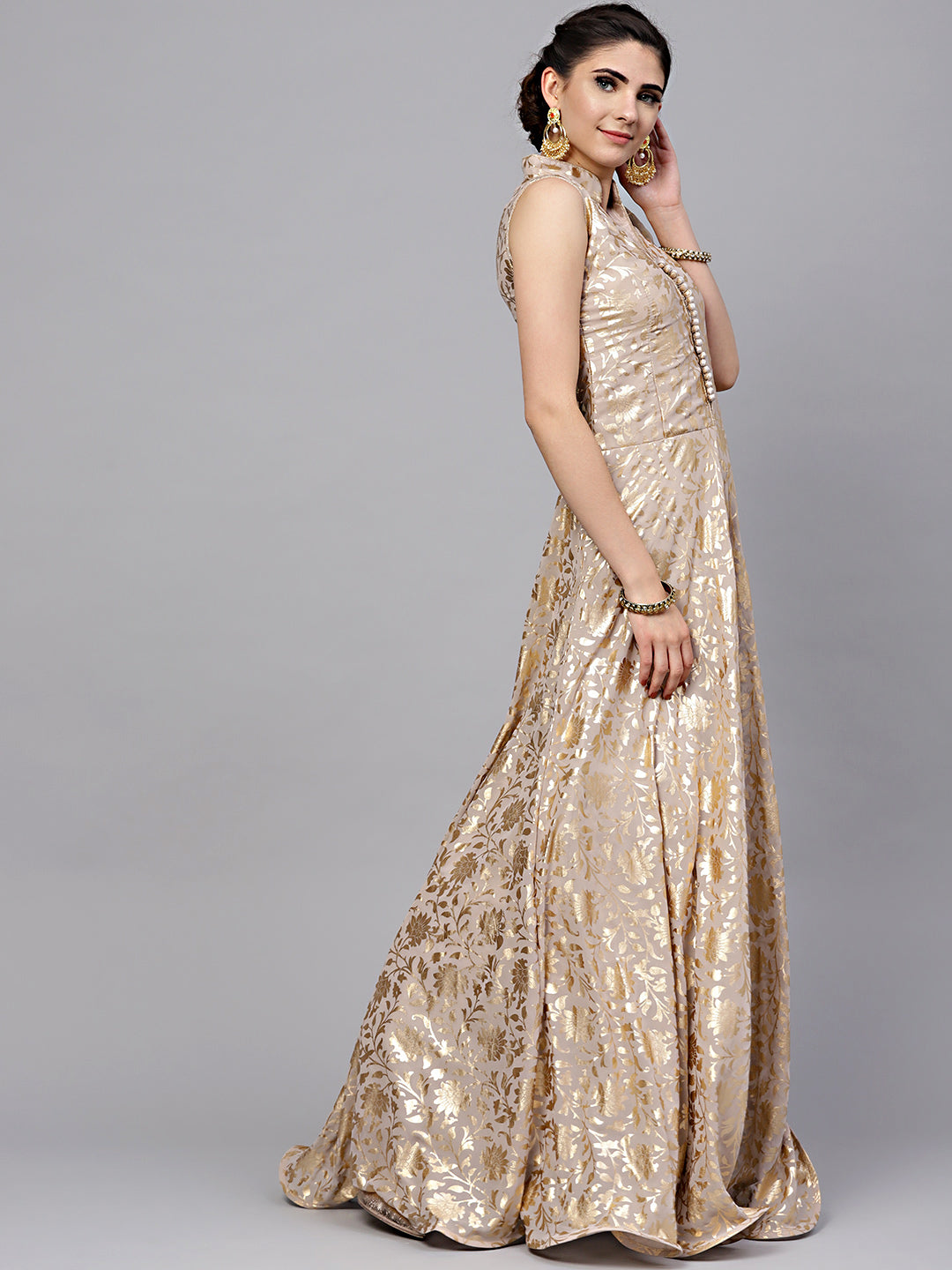 Flared Gown with Self-pattern Floral Foil Print