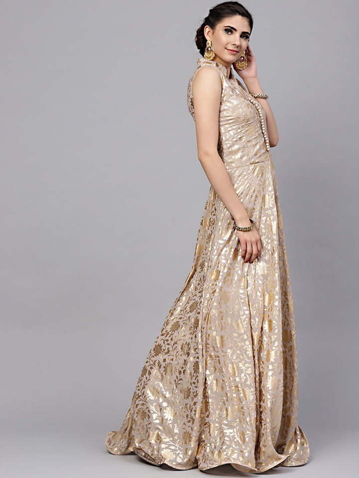 Flared Gown with Self-pattern Floral Foil Print