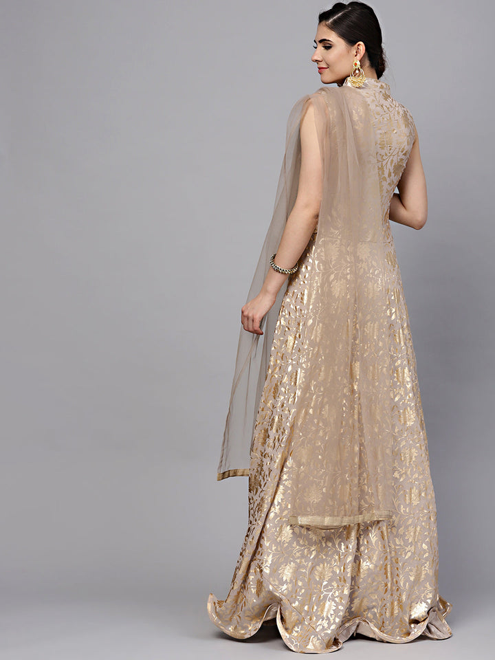Flared Gown with Self-pattern Floral Foil Print