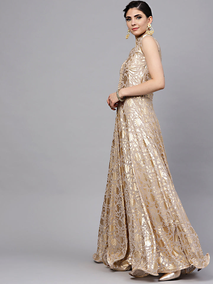 Flared Gown with Self-pattern Floral Foil Print