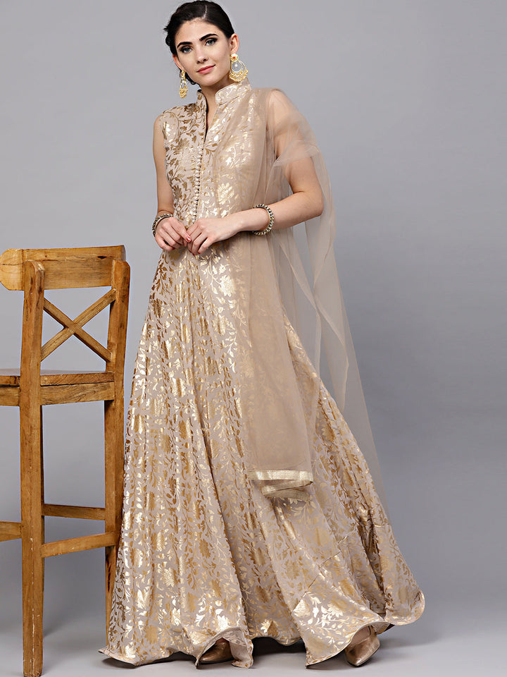 Flared Gown with Self-pattern Floral Foil Print