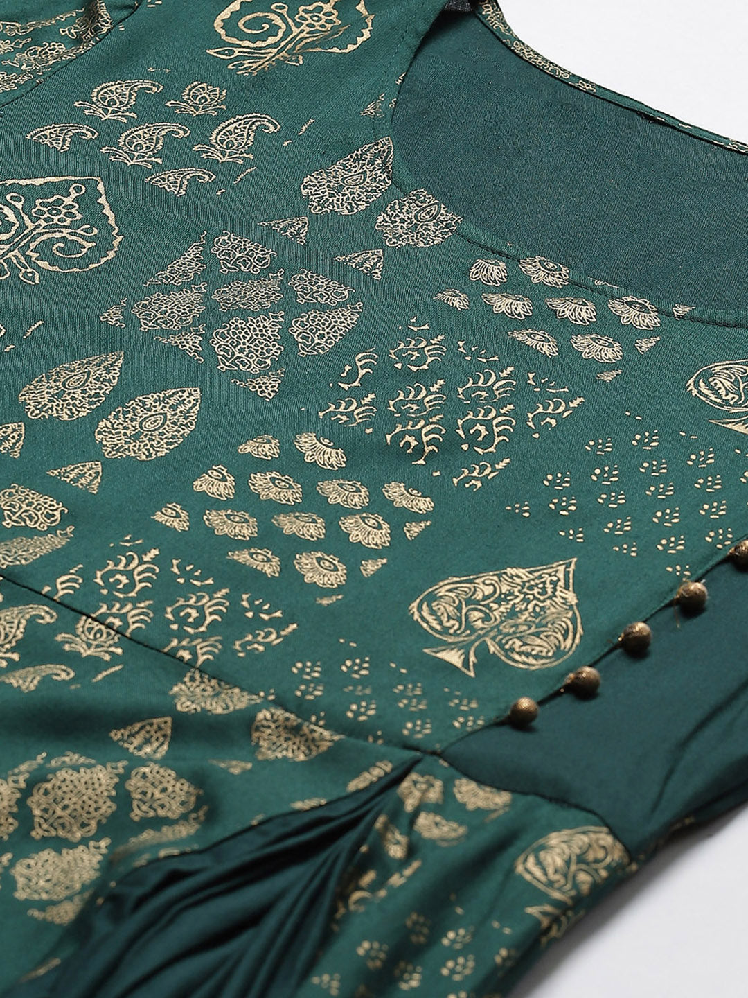 Bottle Green Long Anarkali Ethnic Motifs Foil Printed Kurti with Asymmetrical Pleats