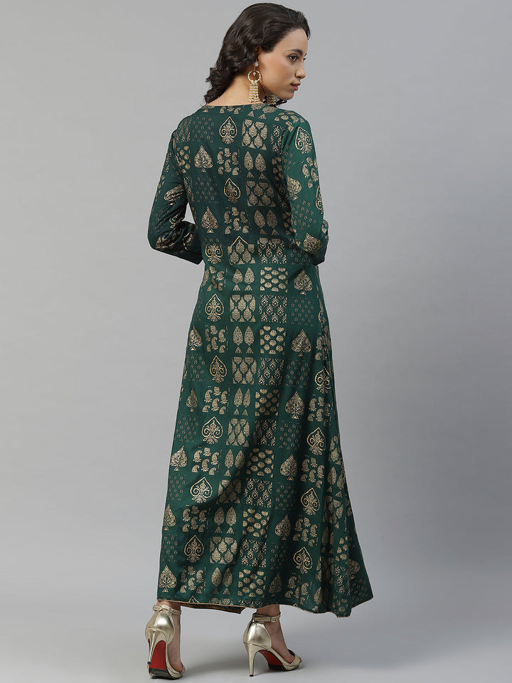 Bottle Green Long Anarkali Ethnic Motifs Foil Printed Kurti with Asymmetrical Pleats