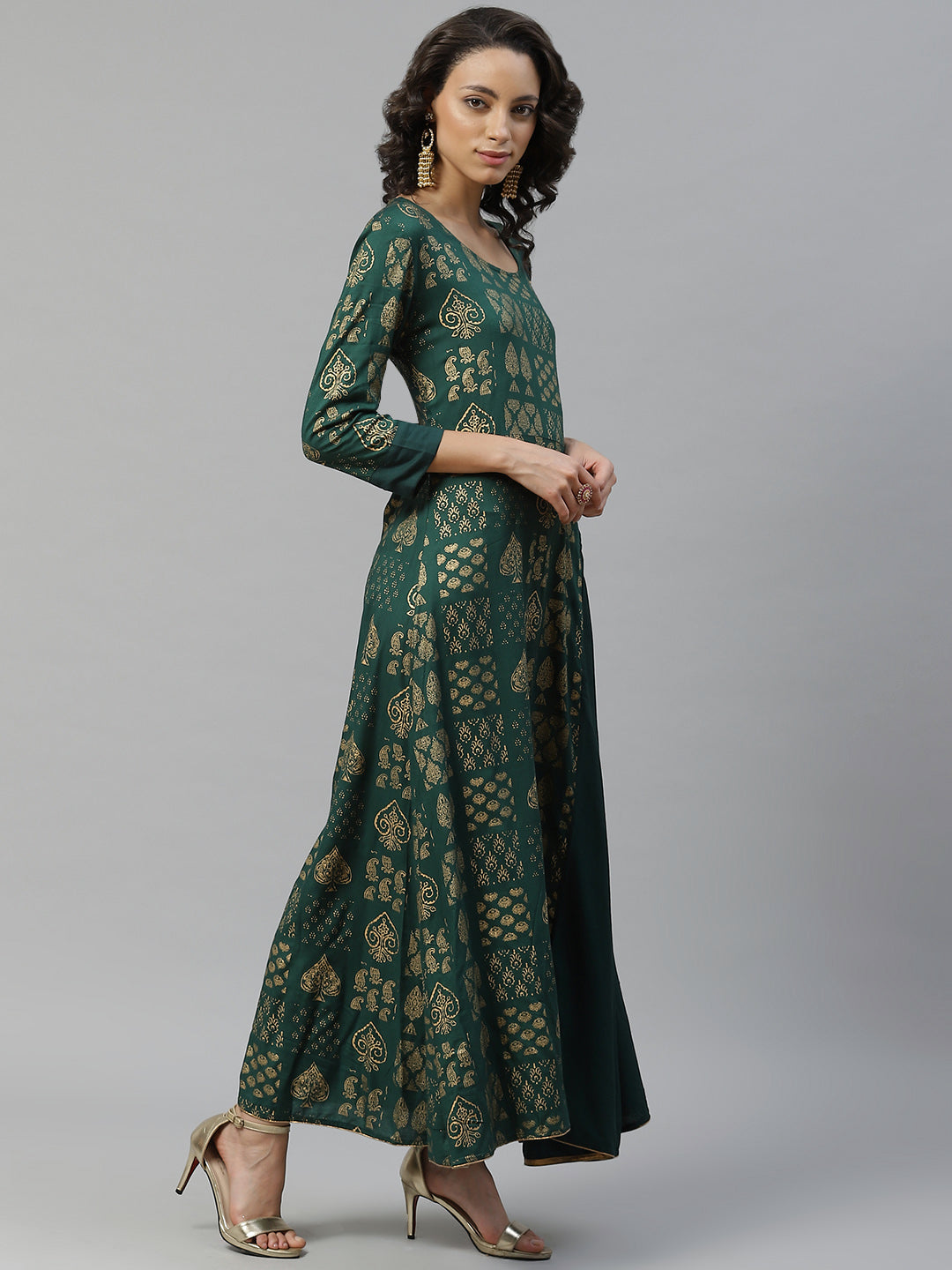 Bottle Green Long Anarkali Ethnic Motifs Foil Printed Kurti with Asymmetrical Pleats