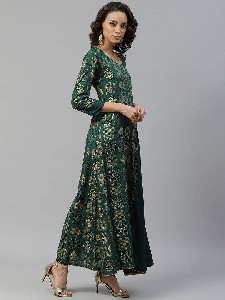 Bottle Green Long Anarkali Ethnic Motifs Foil Printed Kurti with Asymmetrical Pleats
