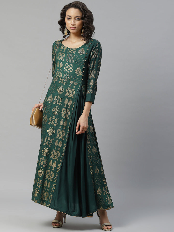 Bottle Green Long Anarkali Ethnic Motifs Foil Printed Kurti with Asymmetrical Pleats