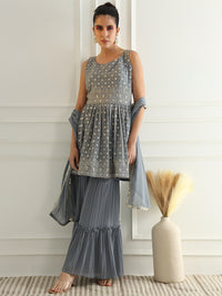 Chhabra 555 Powder Blue Peplum Style Kurta Set with Zircon Embroidery & Tiered Pleated Sharara