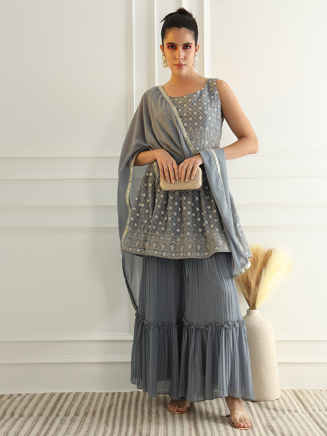 Powder Blue Peplum Style Kurta Set with Zircon Embroidery & Tiered Pleated Sharara