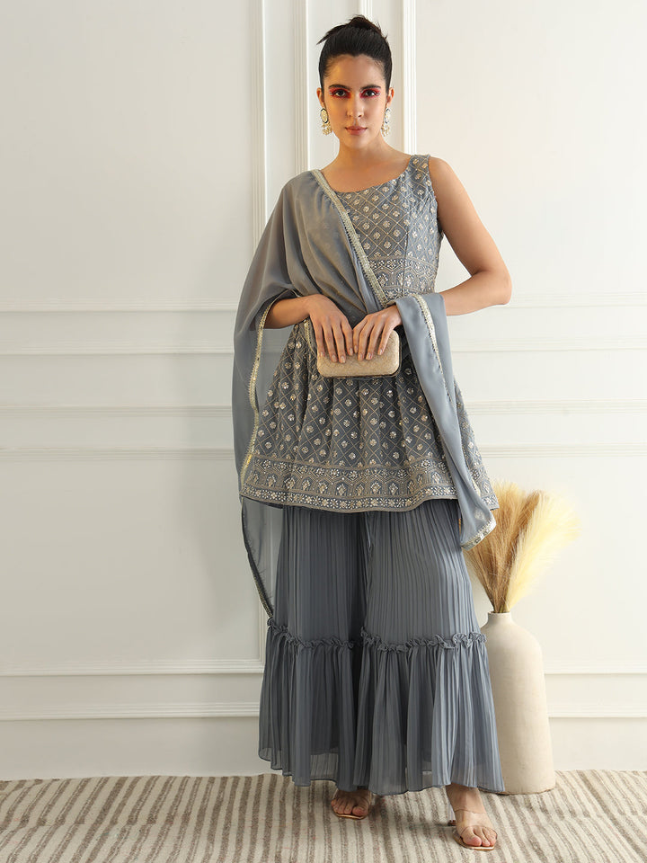 Powder Blue Peplum Style Kurta Set with Zircon Embroidery & Tiered Pleated Sharara