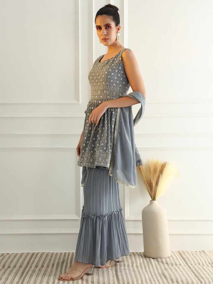 Powder Blue Peplum Style Kurta Set with Zircon Embroidery & Tiered Pleated Sharara