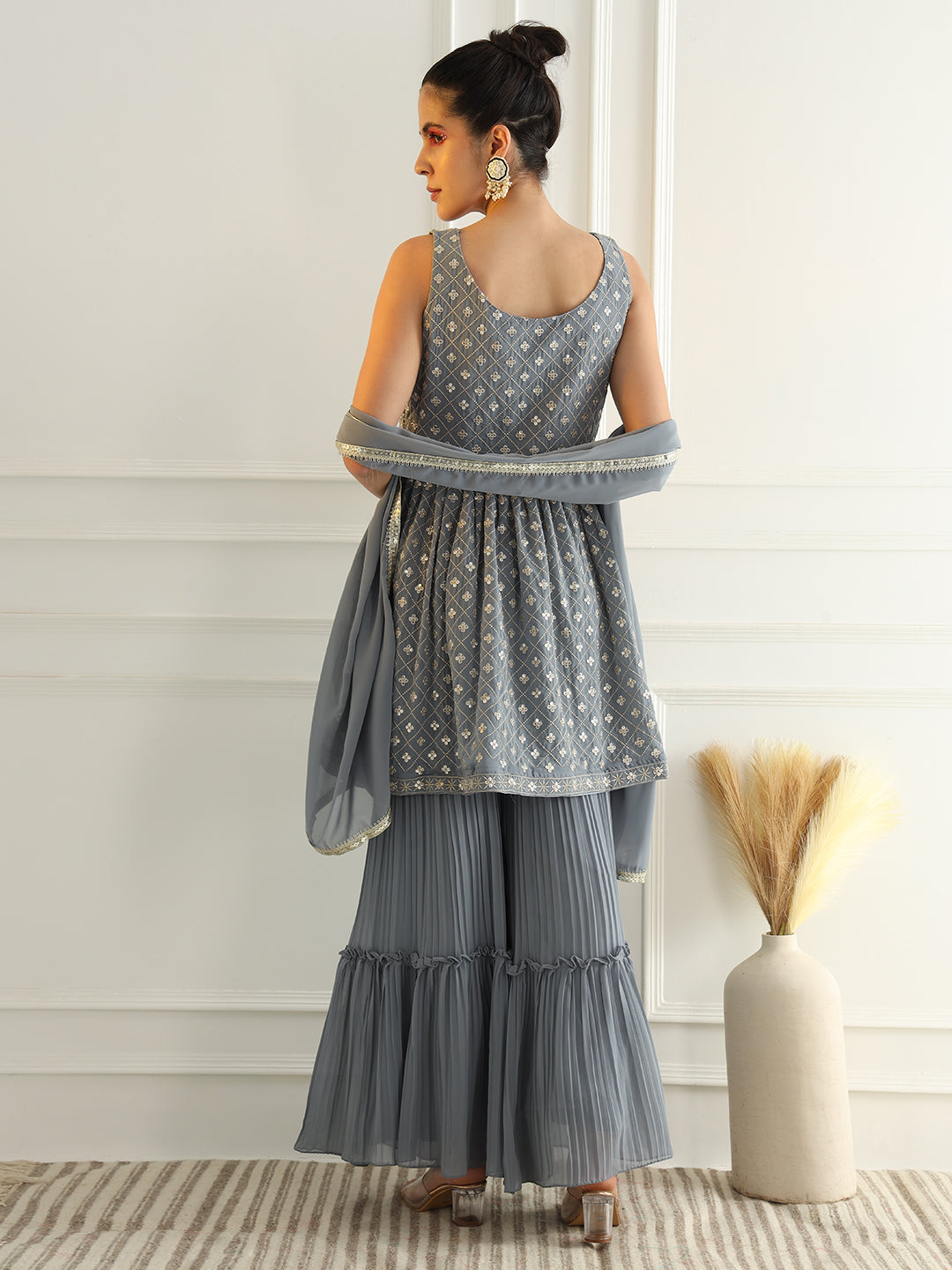Powder Blue Peplum Style Kurta Set with Zircon Embroidery & Tiered Pleated Sharara