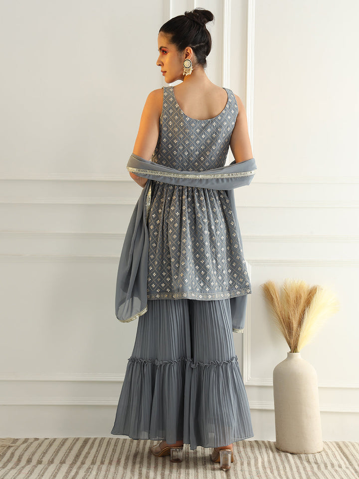 Powder Blue Peplum Style Kurta Set with Zircon Embroidery & Tiered Pleated Sharara