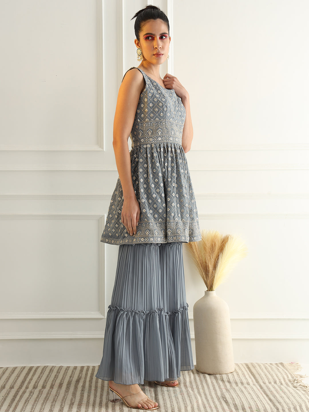 Powder Blue Peplum Style Kurta Set with Zircon Embroidery & Tiered Pleated Sharara