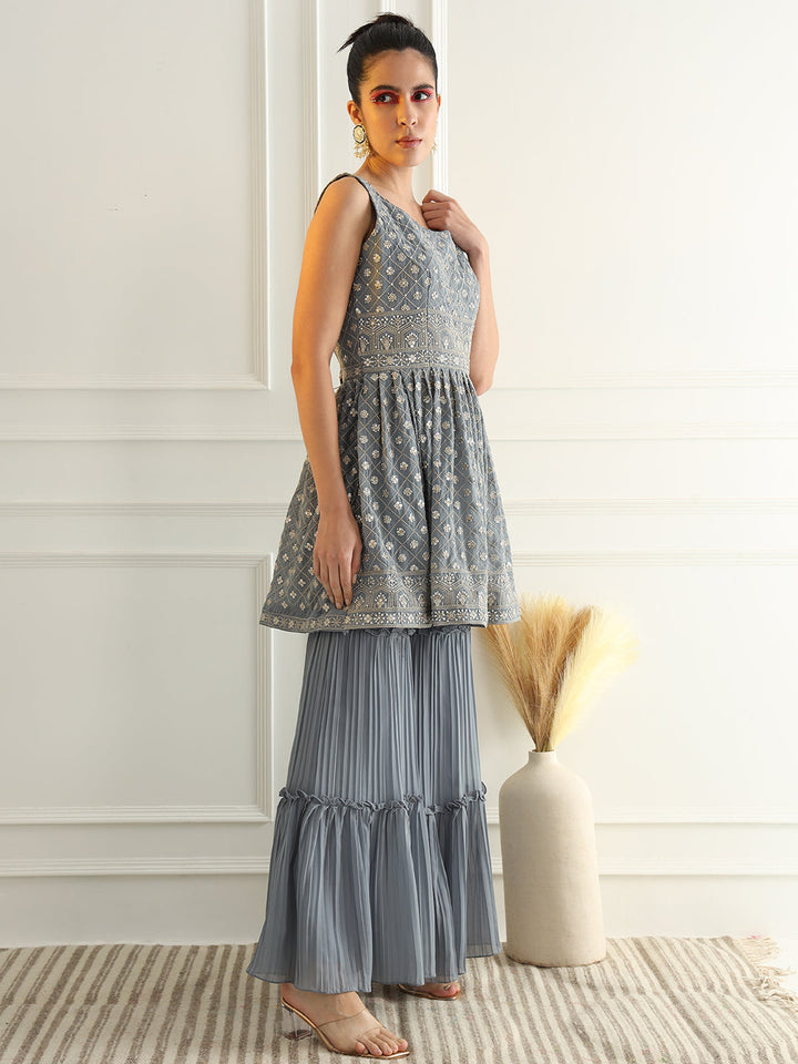 Powder Blue Peplum Style Kurta Set with Zircon Embroidery & Tiered Pleated Sharara