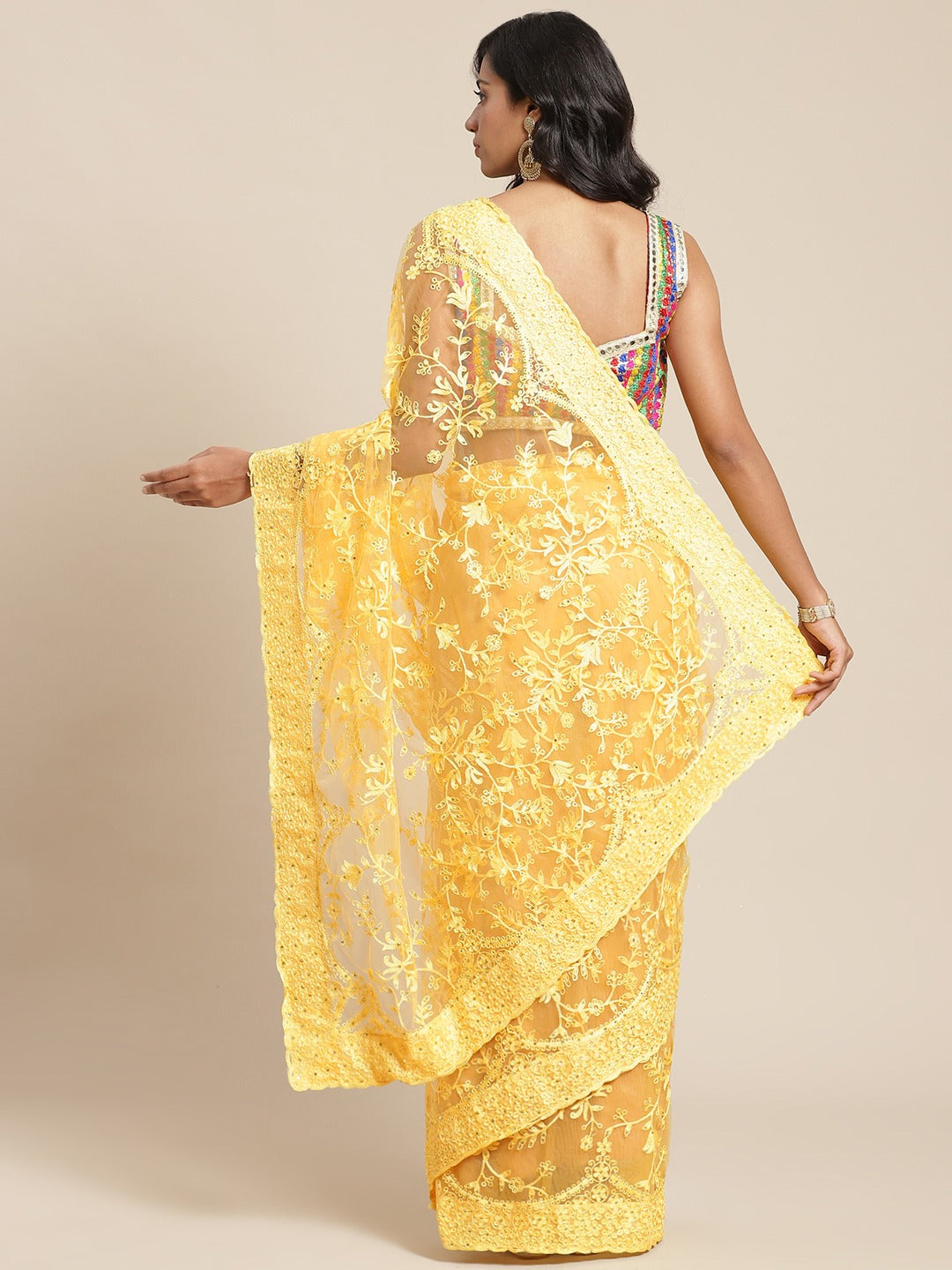 Yellow Net Resham Embroidered Saree with Scalloped border and crystal Embellishments