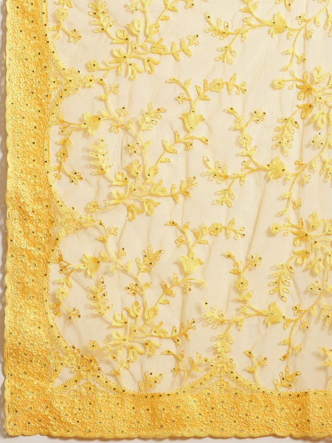 Yellow Net Resham Embroidered Saree with Scalloped border and crystal Embellishments