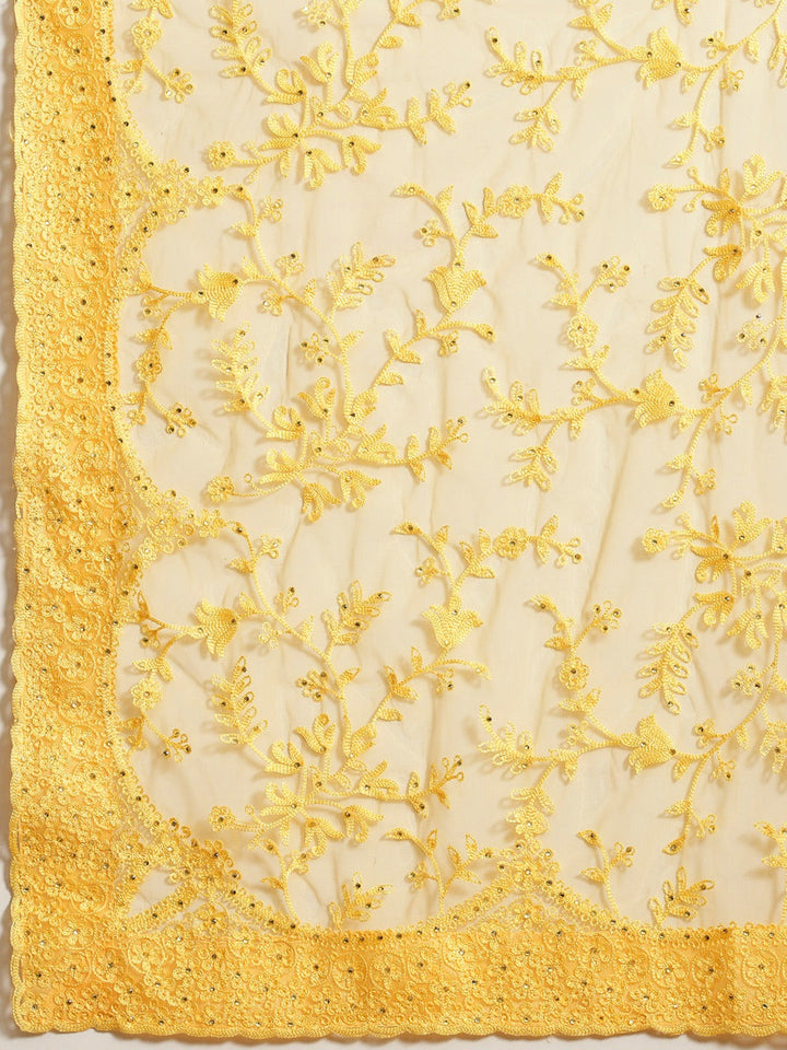 Yellow Net Resham Embroidered Saree with Scalloped border and crystal Embellishments