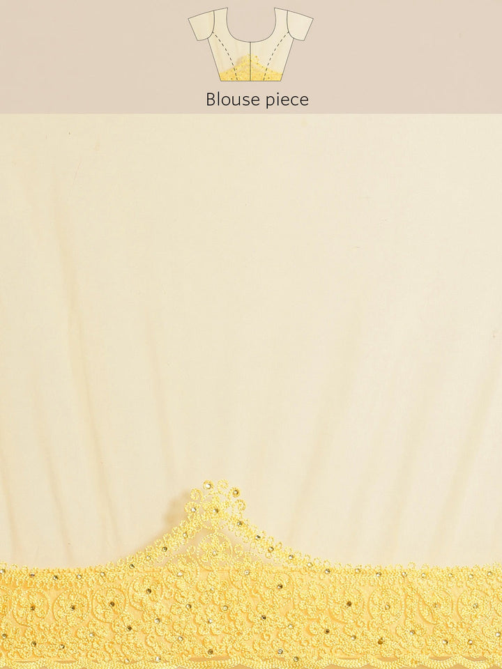 Yellow Net Resham Embroidered Saree with Scalloped border and crystal Embellishments