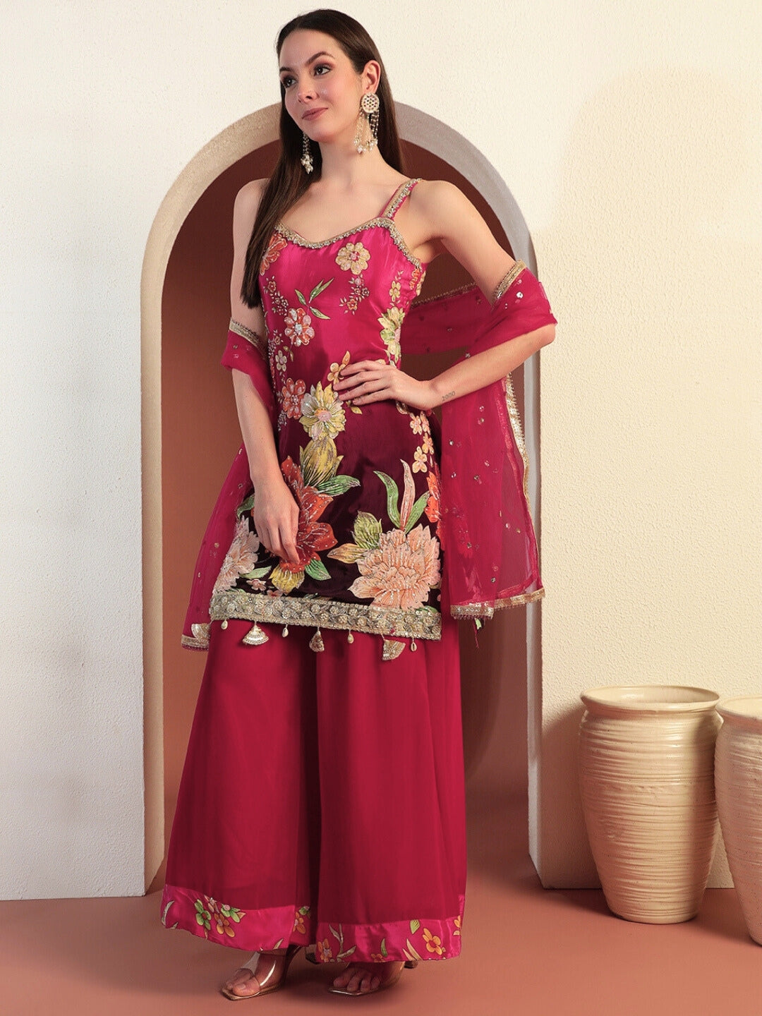 Digital Ombre Floral Print Kurta Set with Tasseled Hemline and Pearl Embellishments