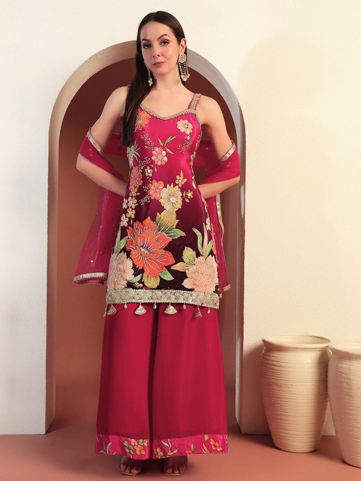 Digital Ombre Floral Print Kurta Set with Tasseled Hemline and Pearl Embellishments