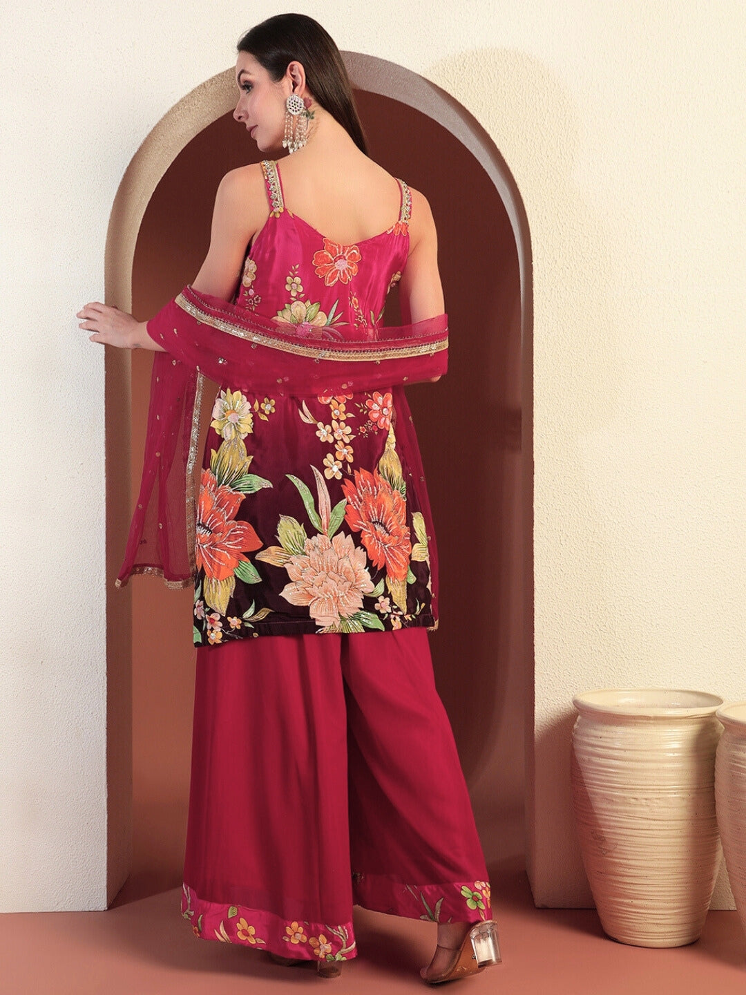 Digital Ombre Floral Print Kurta Set with Tasseled Hemline and Pearl Embellishments