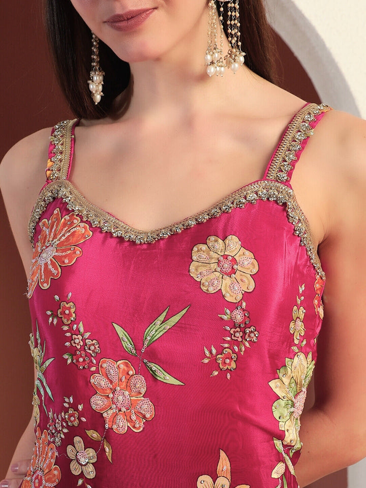 Digital Ombre Floral Print Kurta Set with Tasseled Hemline and Pearl Embellishments