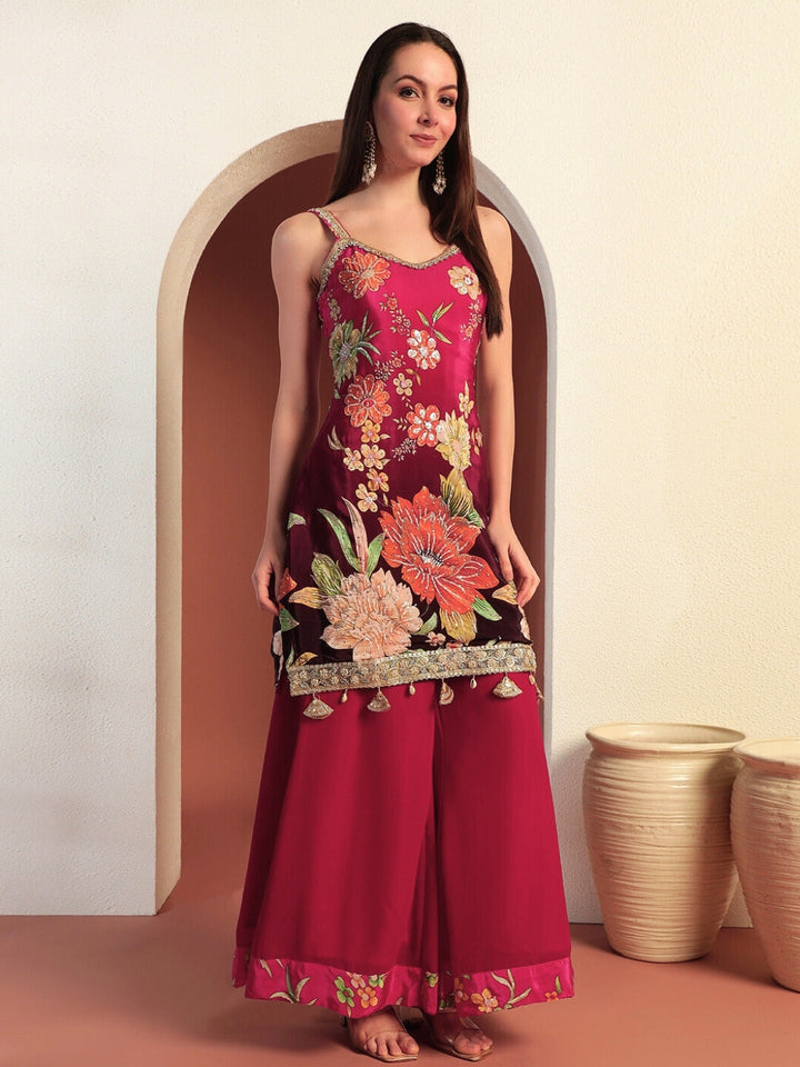 Digital Ombre Floral Print Kurta Set with Tasseled Hemline and Pearl Embellishments
